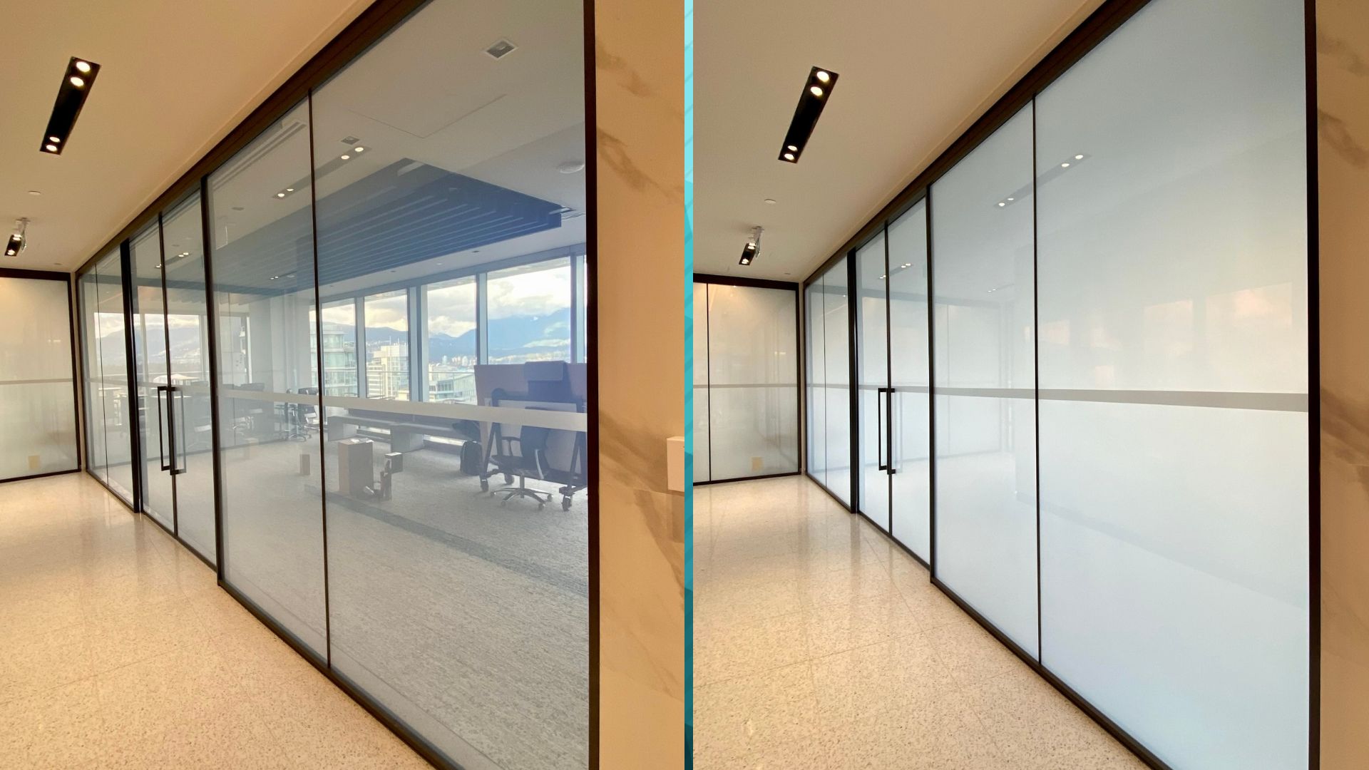 Additional images highlighting the addition of privacy glass panes to these meeting room suites.