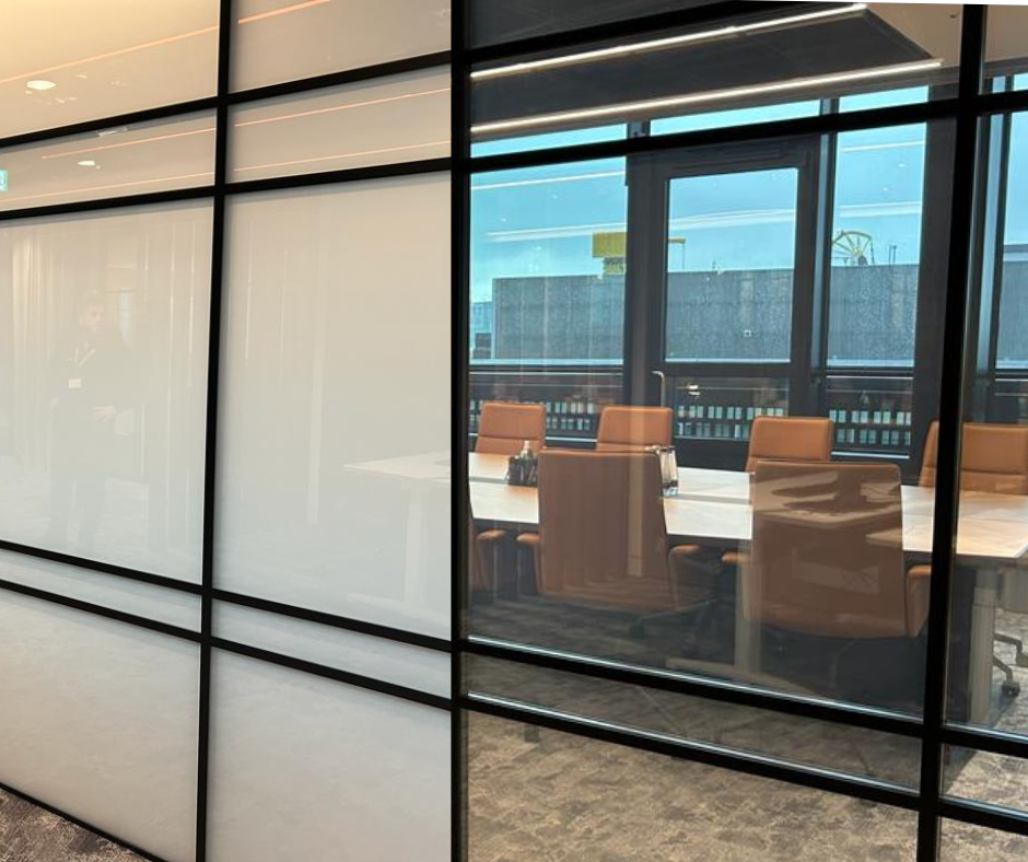 Privacy Smart Glass enhances boardroom privacy with instant opacity, ensuring confidentiality during sensitive meetings.